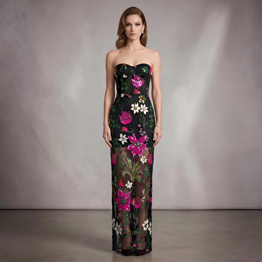 Wholesale Women's Floral Sequin Strapless Maxi Dress – Mesh Panel Evening