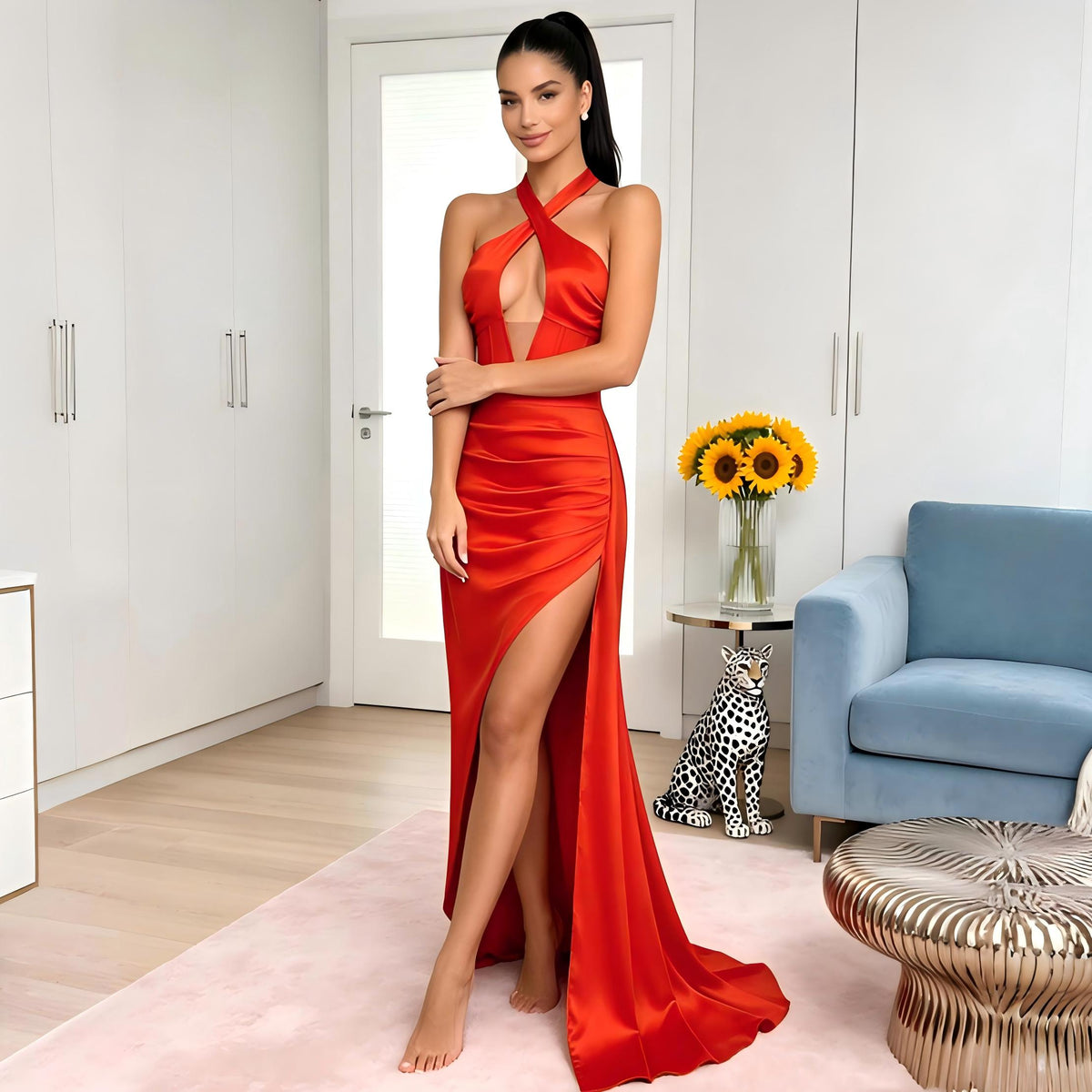 Wholesale Women's Coral Halter Backless Slit Train Evening Dress