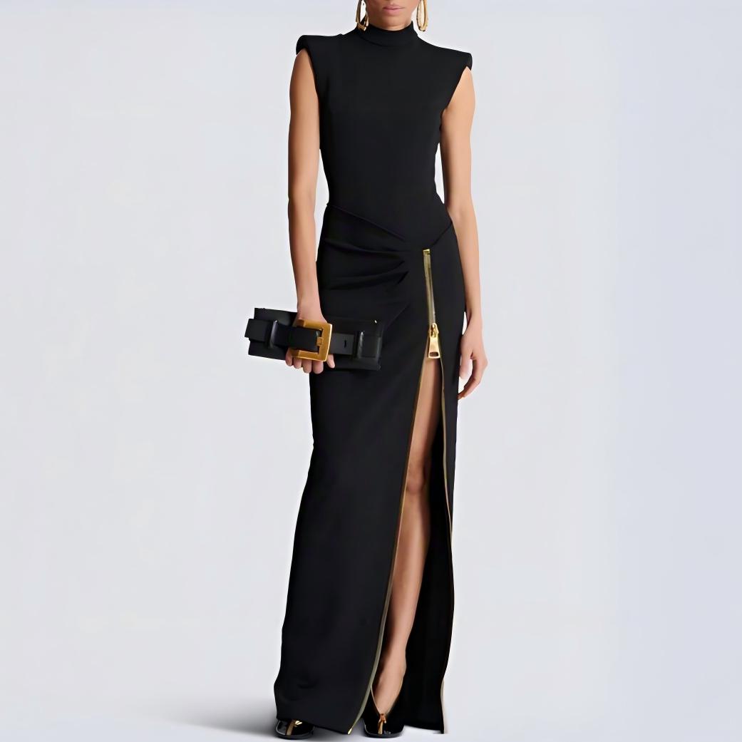 Wholesale Women's Mock-Neck Shoulder-Pad Slit Bodycon Maxi Dress – XS Womens Clothing