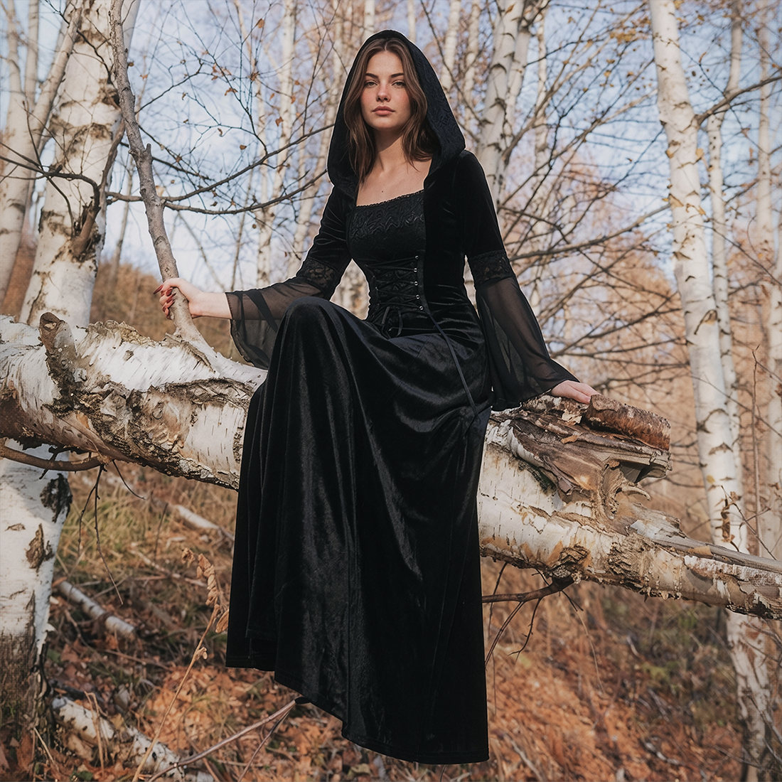Wholesale Women's Medieval Hooded Witch Costume Long Dress