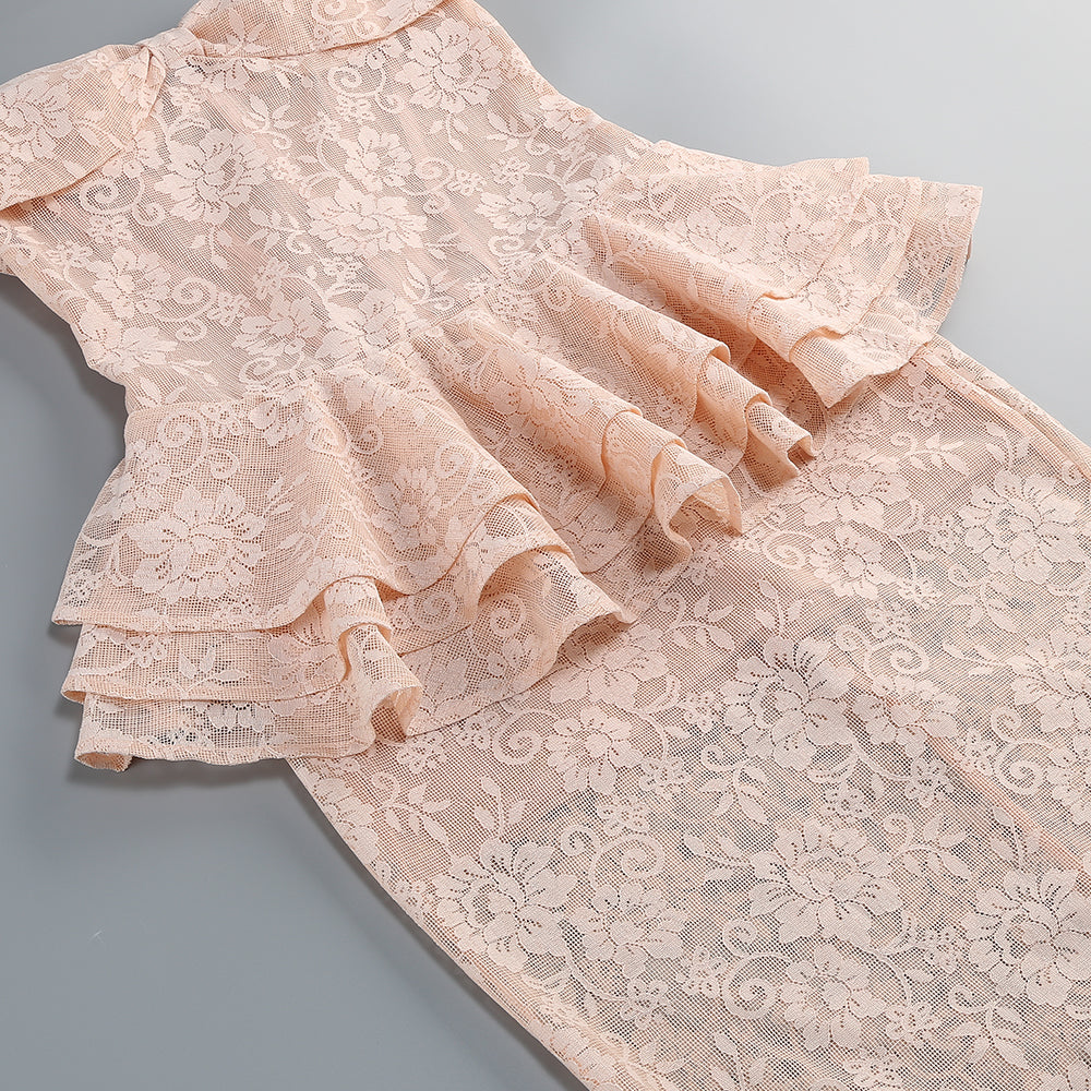 【Party & Event】 Maxi Mermaid Polyester Elegant Round Neck Lace Ruffle Dress - MYTHSIS