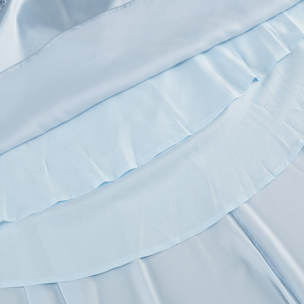 Wholesale Women's Light Blue Halter Maxi Dress – Fringe Asymmetric Train