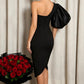 Wholesale Women's One-Shoulder Deep V Midi Dress – Puff Sleeve Asymmetric Slit