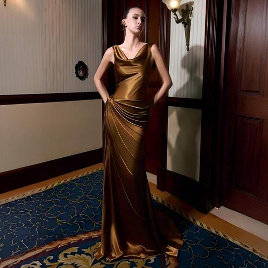 Wholesale Women's Dark Brown Satin Cowl-Neck Fishtail Maxi Dress – XS Womens Clothing