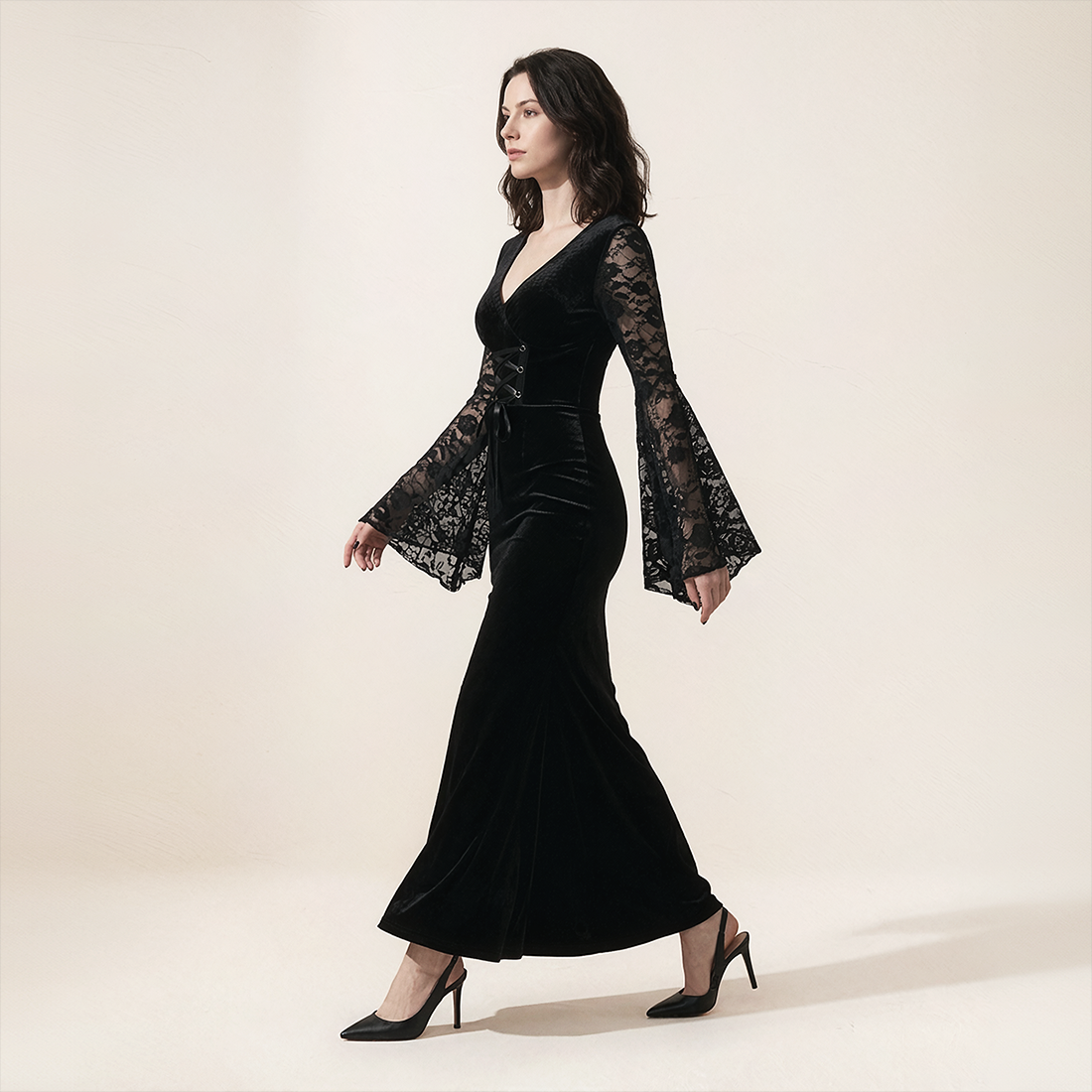 Wholesale Women's Gothic Velvet Lace Bell-Sleeve Long Dress