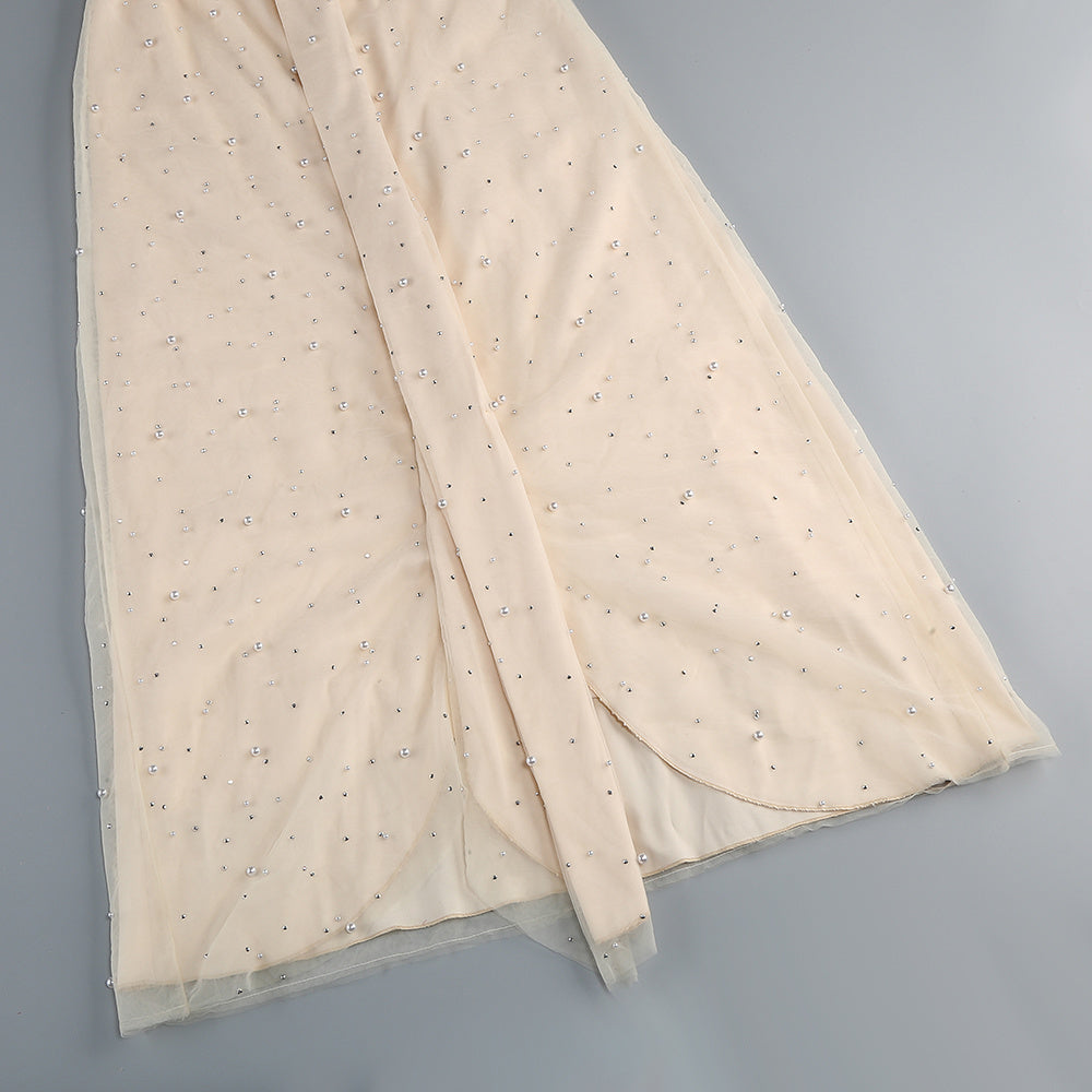 【Party & Event】 Maxi Sheath Polyester Spandex Sexy Strapless Rhinestone Mesh Spliced Dress - MYTHSIS