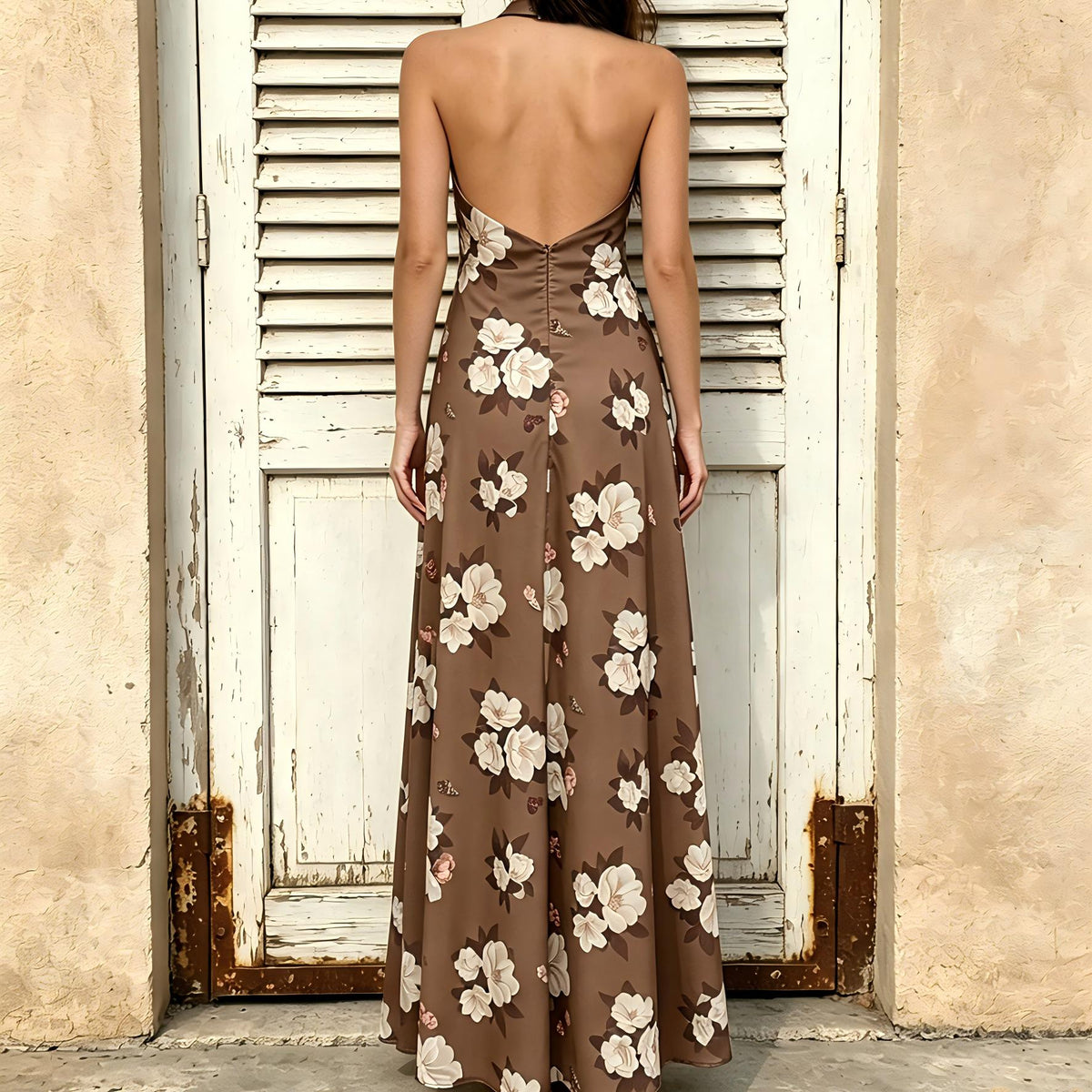 Wholesale Women's Floral Halter Cowl-Neck Split Maxi Dress
