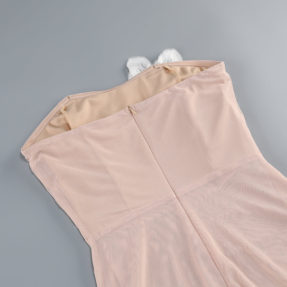 Wholesale Women's Apricot Embellished Strapless Mesh Bodycon Gown