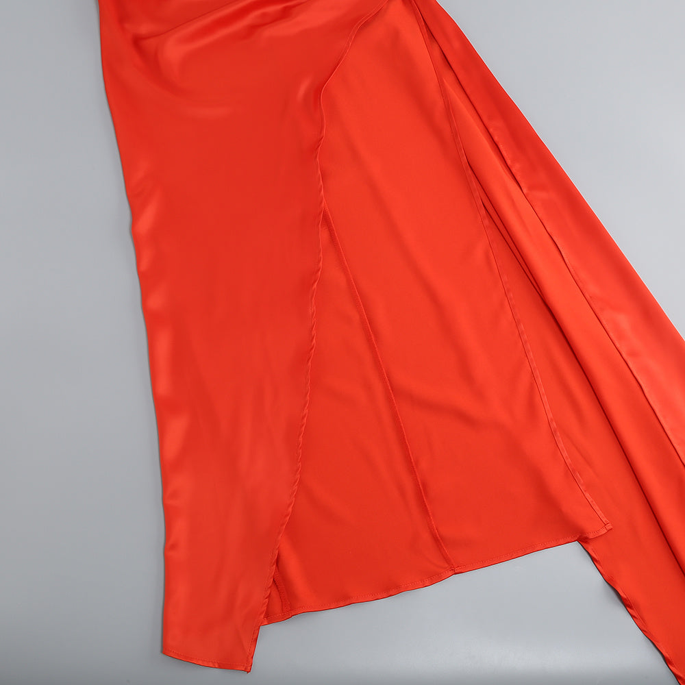 Wholesale Women's Coral Halter Backless Slit Train Evening Dress