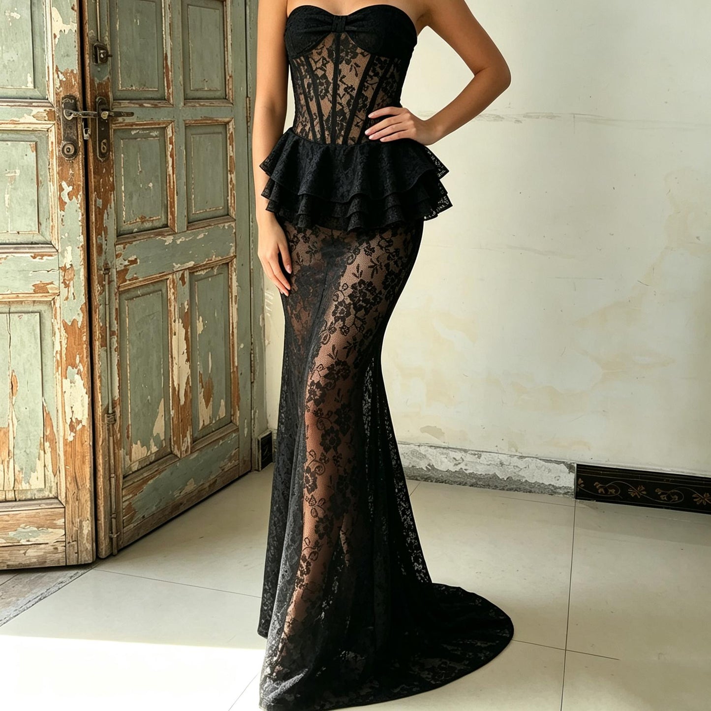 【Party & Event】 Maxi Mermaid Polyester Elegant Round Neck Lace Ruffle Dress - MYTHSIS