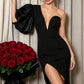 Wholesale Women's One-Shoulder Deep V Midi Dress – Puff Sleeve Asymmetric Slit