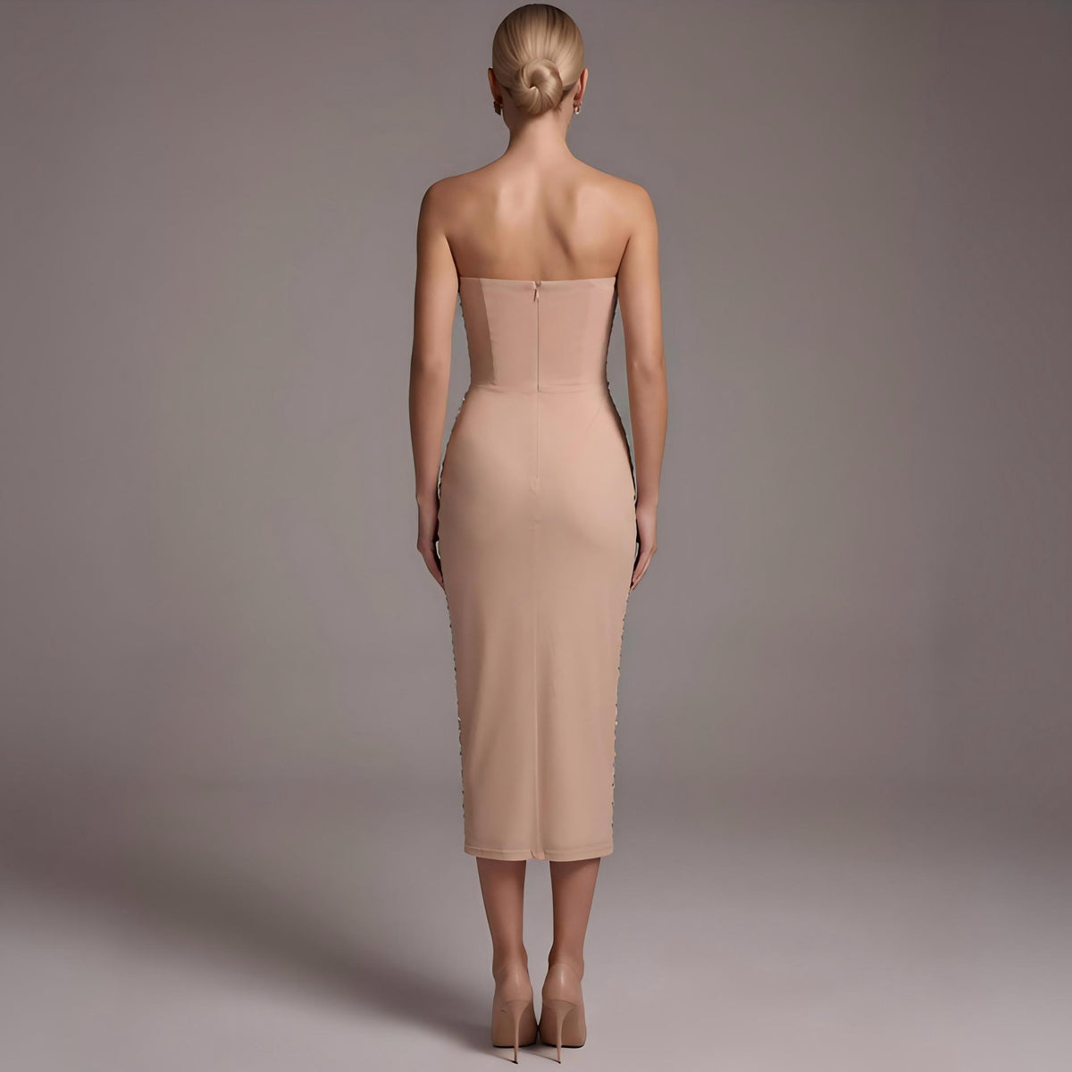 Wholesale Women's Apricot Embellished Strapless Mesh Bodycon Gown